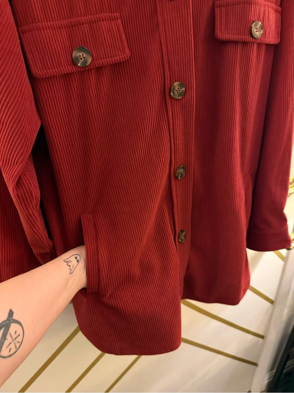 Women's Red Corduroy Button-Up Shacket Jacket w/ Pockets